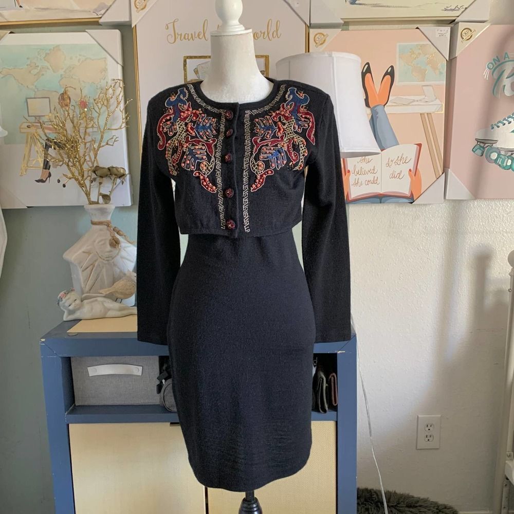 Vintage CAROLE LITTLE Black wool blend sweaterdress dress sz S